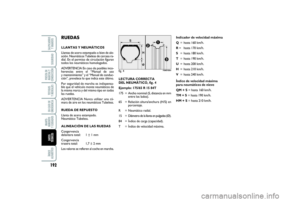 FIAT PUNTO 2014  Manual de Empleo y Cuidado (in Spanish) 192ÍNDICE
ALFABÉTICOSALPICADERO
Y MANDOSSEGURIDAD
PUESTA EN
MARCHA Y
CONDUCCIÓNTESTIGOS
Y MENSAJESEN CASO DE
EMERGENCIAMANTE-
NIMIENTO
Y CUIDADOSDATOS
TÉCNICOS
Indicador de velocidad máxima
Q= ha