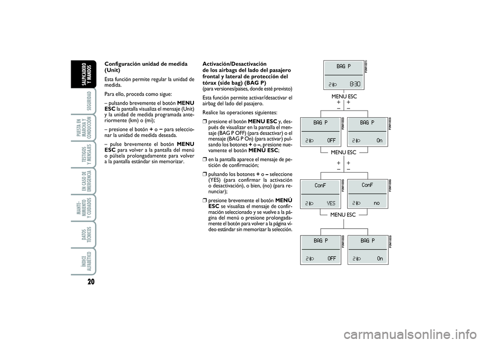 FIAT PUNTO 2014 Manual de Empleo y Cuidado (in Spanish) 20SEGURIDAD
PUESTA EN
MARCHA Y
CONDUCCIÓNTESTIGOS
Y MENSAJESEN CASO DE
EMERGENCIAMANTE-
NIMIENTO
Y CUIDADOSDATOS
TÉCNICOSÍNDICE
ALFABÉTICOSALPICADERO
Y MANDOS
Activación/Desactivación
de los ai FIAT PUNTO 2014 Manual de Empleo y Cuidado (in Spanish) 20SEGURIDAD
PUESTA EN
MARCHA Y
CONDUCCIÓNTESTIGOS
Y MENSAJESEN CASO DE
EMERGENCIAMANTE-
NIMIENTO
Y CUIDADOSDATOS
TÉCNICOSÍNDICE
ALFABÉTICOSALPICADERO
Y MANDOS
Activación/Desactivación
de los ai