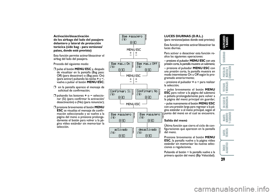 FIAT PUNTO 2014 Manual de Empleo y Cuidado (in Spanish) 29
SEGURIDADPUESTA EN
MARCHA Y
CONDUCCIÓNTESTIGOS
Y MENSAJESEN CASO DE
EMERGENCIAMANTE-
NIMIENTO
Y CUIDADOSDATOS
TÉCNICOSÍNDICE
ALFABÉTICOSALPICADERO
Y MANDOS
Activación/desactivación
de los air FIAT PUNTO 2014 Manual de Empleo y Cuidado (in Spanish) 29
SEGURIDADPUESTA EN
MARCHA Y
CONDUCCIÓNTESTIGOS
Y MENSAJESEN CASO DE
EMERGENCIAMANTE-
NIMIENTO
Y CUIDADOSDATOS
TÉCNICOSÍNDICE
ALFABÉTICOSALPICADERO
Y MANDOS
Activación/desactivación
de los air
