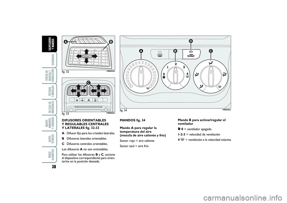 FIAT PUNTO 2014 Manual de Empleo y Cuidado (in Spanish) 38SEGURIDAD
PUESTA EN
MARCHA Y
CONDUCCIÓNTESTIGOS
Y MENSAJESEN CASO DE
EMERGENCIAMANTE-
NIMIENTO
Y CUIDADOSDATOS
TÉCNICOSÍNDICE
ALFABÉTICOSALPICADERO
Y MANDOS
MANDOS fig. 34
Mando A para regular l FIAT PUNTO 2014 Manual de Empleo y Cuidado (in Spanish) 38SEGURIDAD
PUESTA EN
MARCHA Y
CONDUCCIÓNTESTIGOS
Y MENSAJESEN CASO DE
EMERGENCIAMANTE-
NIMIENTO
Y CUIDADOSDATOS
TÉCNICOSÍNDICE
ALFABÉTICOSALPICADERO
Y MANDOS
MANDOS fig. 34
Mando A para regular l