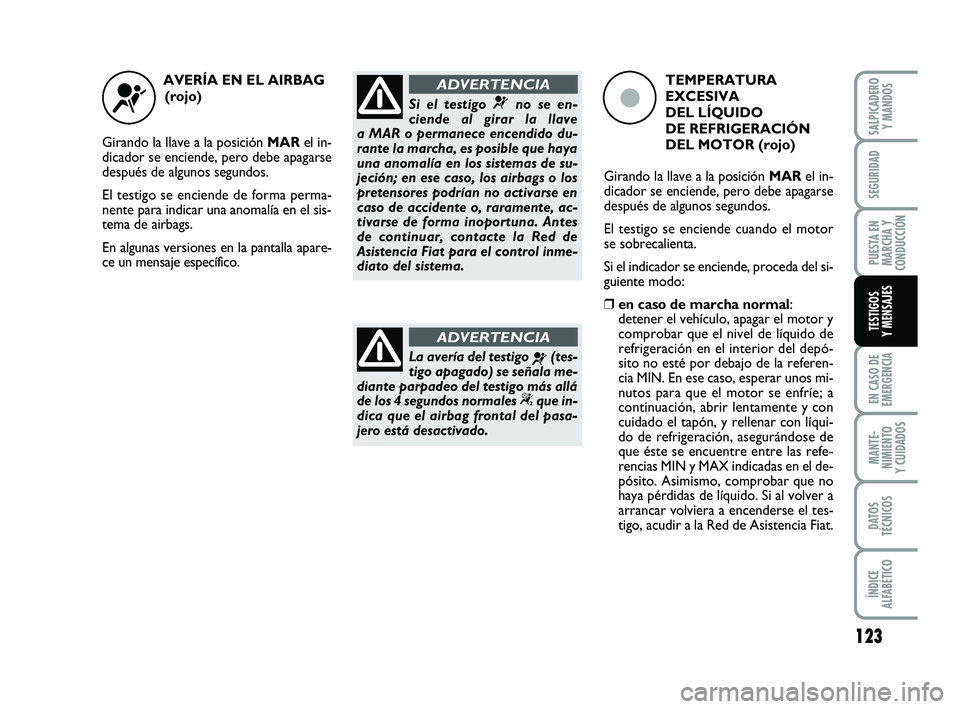 FIAT PUNTO 2019 Manual de Empleo y Cuidado (in Spanish) 123
EN CASO DE
EMERGENCIA
MANTE-
NIMIENTO
Y CUIDADOS
DATOS
TÉCNICOS
ÍNDICE
ALFABÉTICO
SALPICADERO Y MANDOS
SEGURIDAD
PUESTA EN
MARCHA Y
CONDUCCIÓN
TESTIGOS
Y MENSAJES
AVERÍA EN EL AIRBAG
(rojo)
FIAT PUNTO 2019 Manual de Empleo y Cuidado (in Spanish) 123
EN CASO DE
EMERGENCIA
MANTE-
NIMIENTO
Y CUIDADOS
DATOS
TÉCNICOS
ÍNDICE
ALFABÉTICO
SALPICADERO Y MANDOS
SEGURIDAD
PUESTA EN
MARCHA Y
CONDUCCIÓN
TESTIGOS
Y MENSAJES
AVERÍA EN EL AIRBAG
(rojo)