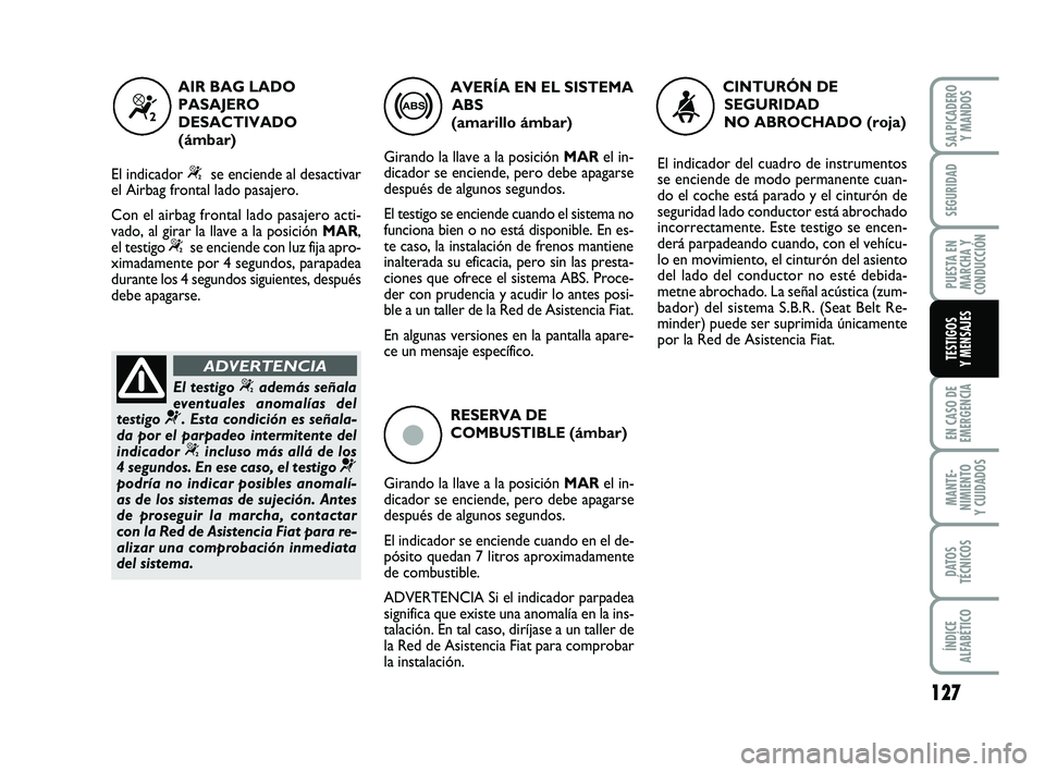 FIAT PUNTO 2019 Manual de Empleo y Cuidado (in Spanish) 127
EN CASO DE
EMERGENCIA
MANTE-
NIMIENTO
Y CUIDADOS
DATOS
TÉCNICOS
ÍNDICE
ALFABÉTICO
SALPICADERO Y MANDOS
SEGURIDAD
PUESTA EN
MARCHA Y
CONDUCCIÓN
TESTIGOS
Y MENSAJES
ç
RESERVA DE
COMBUSTIBLE (á FIAT PUNTO 2019 Manual de Empleo y Cuidado (in Spanish) 127
EN CASO DE
EMERGENCIA
MANTE-
NIMIENTO
Y CUIDADOS
DATOS
TÉCNICOS
ÍNDICE
ALFABÉTICO
SALPICADERO Y MANDOS
SEGURIDAD
PUESTA EN
MARCHA Y
CONDUCCIÓN
TESTIGOS
Y MENSAJES
ç
RESERVA DE
COMBUSTIBLE (á