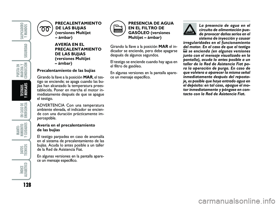 FIAT PUNTO 2019 Manual de Empleo y Cuidado (in Spanish) 128
EN CASO DE
EMERGENCIA
MANTE-
NIMIENTO
Y CUIDADOS
DATOS
TÉCNICOS
ÍNDICE
ALFABÉTICO
SALPICADERO Y MANDOS
SEGURIDAD
PUESTA EN
MARCHA Y
CONDUCCIÓN
TESTIGOS
Y MENSAJES
PRECALENTAMIENTO
DE LAS BUJí FIAT PUNTO 2019 Manual de Empleo y Cuidado (in Spanish) 128
EN CASO DE
EMERGENCIA
MANTE-
NIMIENTO
Y CUIDADOS
DATOS
TÉCNICOS
ÍNDICE
ALFABÉTICO
SALPICADERO Y MANDOS
SEGURIDAD
PUESTA EN
MARCHA Y
CONDUCCIÓN
TESTIGOS
Y MENSAJES
PRECALENTAMIENTO
DE LAS BUJí