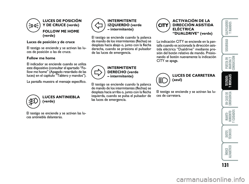 FIAT PUNTO 2019 Manual de Empleo y Cuidado (in Spanish) 131
EN CASO DE
EMERGENCIA
MANTE-
NIMIENTO
Y CUIDADOS
DATOS
TÉCNICOS
ÍNDICE
ALFABÉTICO
SALPICADERO Y MANDOS
SEGURIDAD
PUESTA EN
MARCHA Y
CONDUCCIÓN
TESTIGOS
Y MENSAJES
ACTIVACIÓN DE LA
DIRECCIÓN FIAT PUNTO 2019 Manual de Empleo y Cuidado (in Spanish) 131
EN CASO DE
EMERGENCIA
MANTE-
NIMIENTO
Y CUIDADOS
DATOS
TÉCNICOS
ÍNDICE
ALFABÉTICO
SALPICADERO Y MANDOS
SEGURIDAD
PUESTA EN
MARCHA Y
CONDUCCIÓN
TESTIGOS
Y MENSAJES
ACTIVACIÓN DE LA
DIRECCIÓN
