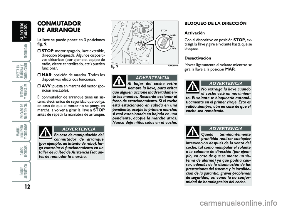 FIAT PUNTO 2018  Manual de Empleo y Cuidado (in Spanish) 12
SEGURIDAD
PUESTA EN
MARCHA Y
CONDUCCIÓN
TESTIGOS
Y MENSAJES
EN CASO DE
EMERGENCIA
MANTE-
NIMIENTO
Y CUIDADOS
DATOS
TÉCNICOS
ÍNDICE
ALFABÉTICO
SALPICADERO Y MANDOS
CONMUTADOR 
DE ARRANQUE
La lla