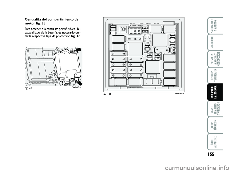FIAT PUNTO 2019 Manual de Empleo y Cuidado (in Spanish) 155
MANTE-
NIMIENTO
Y CUIDADOS
DATOS
TÉCNICOS
ÍNDICE
ALFABÉTICO
SALPICADERO Y MANDOS
SEGURIDAD
PUESTA EN
MARCHA Y
CONDUCCIÓN
TESTIGOS
Y MENSAJES
EN CASO DE
EMERGENCIA
Centralita del compartimiento FIAT PUNTO 2019 Manual de Empleo y Cuidado (in Spanish) 155
MANTE-
NIMIENTO
Y CUIDADOS
DATOS
TÉCNICOS
ÍNDICE
ALFABÉTICO
SALPICADERO Y MANDOS
SEGURIDAD
PUESTA EN
MARCHA Y
CONDUCCIÓN
TESTIGOS
Y MENSAJES
EN CASO DE
EMERGENCIA
Centralita del compartimiento