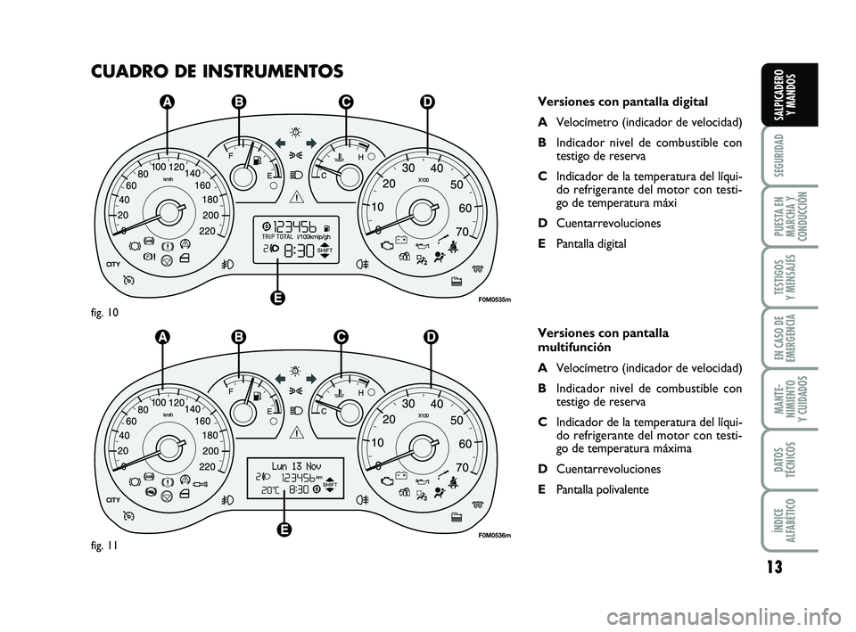 FIAT PUNTO 2019 Manual de Empleo y Cuidado (in Spanish) 13
SEGURIDAD
PUESTA EN
MARCHA Y
CONDUCCIÓN
TESTIGOS
Y MENSAJES
EN CASO DE
EMERGENCIA
MANTE-
NIMIENTO
Y CUIDADOS
DATOS
TÉCNICOS
ÍNDICE
ALFABÉTICO
SALPICADERO Y MANDOS
CUADRO DE INSTRUMENTOS
Version FIAT PUNTO 2019 Manual de Empleo y Cuidado (in Spanish) 13
SEGURIDAD
PUESTA EN
MARCHA Y
CONDUCCIÓN
TESTIGOS
Y MENSAJES
EN CASO DE
EMERGENCIA
MANTE-
NIMIENTO
Y CUIDADOS
DATOS
TÉCNICOS
ÍNDICE
ALFABÉTICO
SALPICADERO Y MANDOS
CUADRO DE INSTRUMENTOS
Version