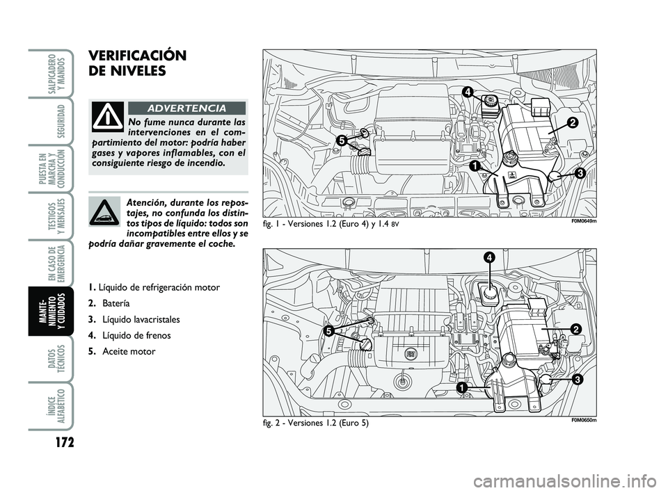 FIAT PUNTO 2019  Manual de Empleo y Cuidado (in Spanish) 172
DATOS
TÉCNICOS
ÍNDICE
ALFABÉTICO
SALPICADERO Y MANDOS
SEGURIDAD
PUESTA EN
MARCHA Y
CONDUCCIÓN
TESTIGOS
Y MENSAJES
EN CASO DE
EMERGENCIA
MANTE-
NIMIENTO
Y CUIDADOS
VERIFICACIÓN
DE NIVELES 
fig