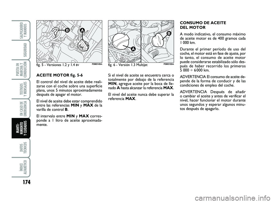 FIAT PUNTO 2019  Manual de Empleo y Cuidado (in Spanish) 174
DATOS
TÉCNICOS
ÍNDICE
ALFABÉTICO
SALPICADERO Y MANDOS
SEGURIDAD
PUESTA EN
MARCHA Y
CONDUCCIÓN
TESTIGOS
Y MENSAJES
EN CASO DE
EMERGENCIA
MANTE-
NIMIENTO
Y CUIDADOS
Si el nivel de aceite se encu