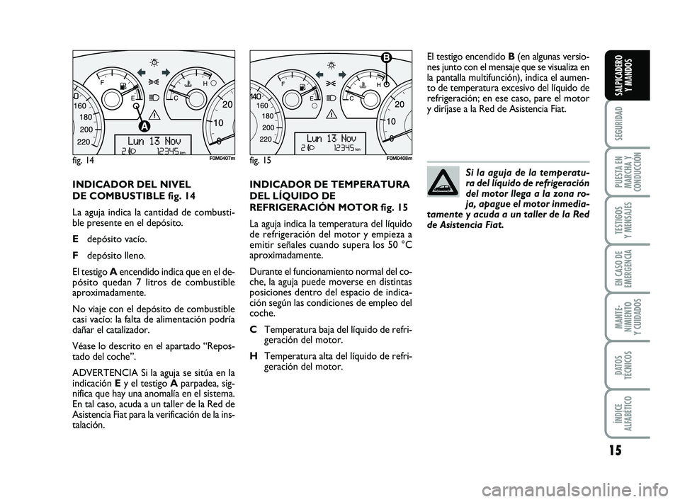 FIAT PUNTO 2018  Manual de Empleo y Cuidado (in Spanish) 15
SEGURIDAD
PUESTA EN
MARCHA Y
CONDUCCIÓN
TESTIGOS
Y MENSAJES
EN CASO DE
EMERGENCIA
MANTE-
NIMIENTO
Y CUIDADOS
DATOS
TÉCNICOS
ÍNDICE
ALFABÉTICO
SALPICADERO Y MANDOS
INDICADOR DEL NIVEL
DE COMBUST