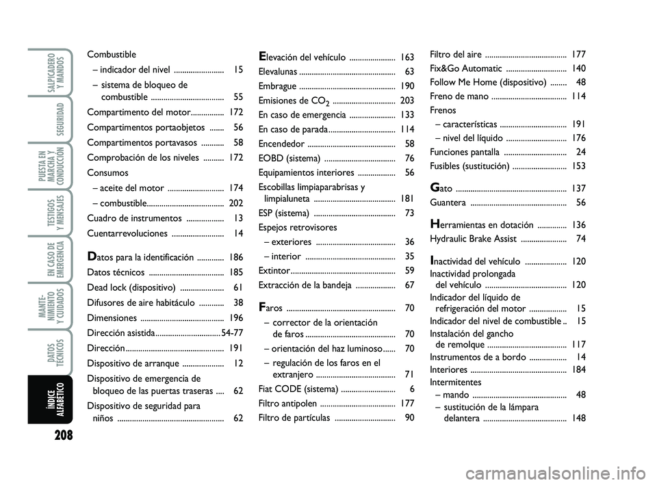 FIAT PUNTO 2019 Manual de Empleo y Cuidado (in Spanish) 208
SALPICADEROY MANDOS
SEGURIDAD
PUESTA EN
MARCHA Y
CONDUCCIÓN
TESTIGOS
Y MENSAJES
EN CASO DE
EMERGENCIA
MANTE-
NIMIENTO
Y CUIDADOS
DATOS
TÉCNICOS
ÍNDICE
ALFABÉTICO
Elevación del vehículo .... FIAT PUNTO 2019 Manual de Empleo y Cuidado (in Spanish) 208
SALPICADEROY MANDOS
SEGURIDAD
PUESTA EN
MARCHA Y
CONDUCCIÓN
TESTIGOS
Y MENSAJES
EN CASO DE
EMERGENCIA
MANTE-
NIMIENTO
Y CUIDADOS
DATOS
TÉCNICOS
ÍNDICE
ALFABÉTICO
Elevación del vehículo ....
