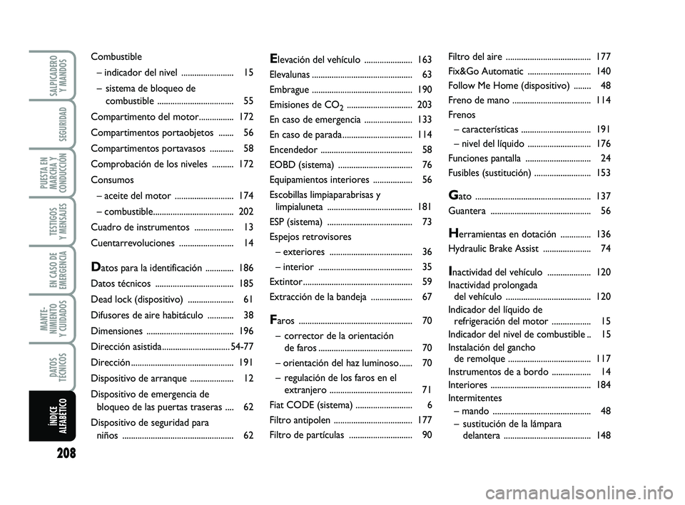 FIAT PUNTO 2017  Manual de Empleo y Cuidado (in Spanish) 208
SALPICADEROY MANDOS
SEGURIDAD
PUESTA EN
MARCHA Y
CONDUCCIÓN
TESTIGOS
Y MENSAJES
EN CASO DE
EMERGENCIA
MANTE-
NIMIENTO
Y CUIDADOS
DATOS
TÉCNICOS
ÍNDICE
ALFABÉTICO
Elevación del  vehículo ....