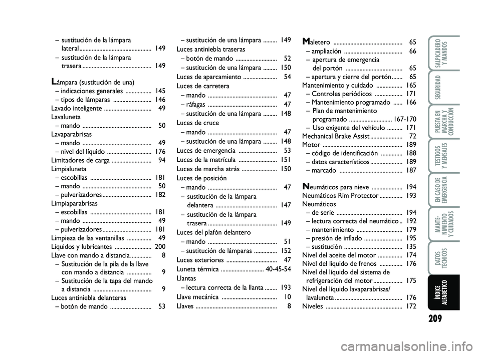 FIAT PUNTO 2019 Manual de Empleo y Cuidado (in Spanish) 209
SALPICADEROY MANDOS
SEGURIDAD
PUESTA EN
MARCHA Y
CONDUCCIÓN
TESTIGOS
Y MENSAJES
EN CASO DE
EMERGENCIA
MANTE-
NIMIENTO
Y CUIDADOS
DATOS
TÉCNICOS
ÍNDICE
ALFABÉTICO
– sustitución de una lámpa FIAT PUNTO 2019 Manual de Empleo y Cuidado (in Spanish) 209
SALPICADEROY MANDOS
SEGURIDAD
PUESTA EN
MARCHA Y
CONDUCCIÓN
TESTIGOS
Y MENSAJES
EN CASO DE
EMERGENCIA
MANTE-
NIMIENTO
Y CUIDADOS
DATOS
TÉCNICOS
ÍNDICE
ALFABÉTICO
– sustitución de una lámpa