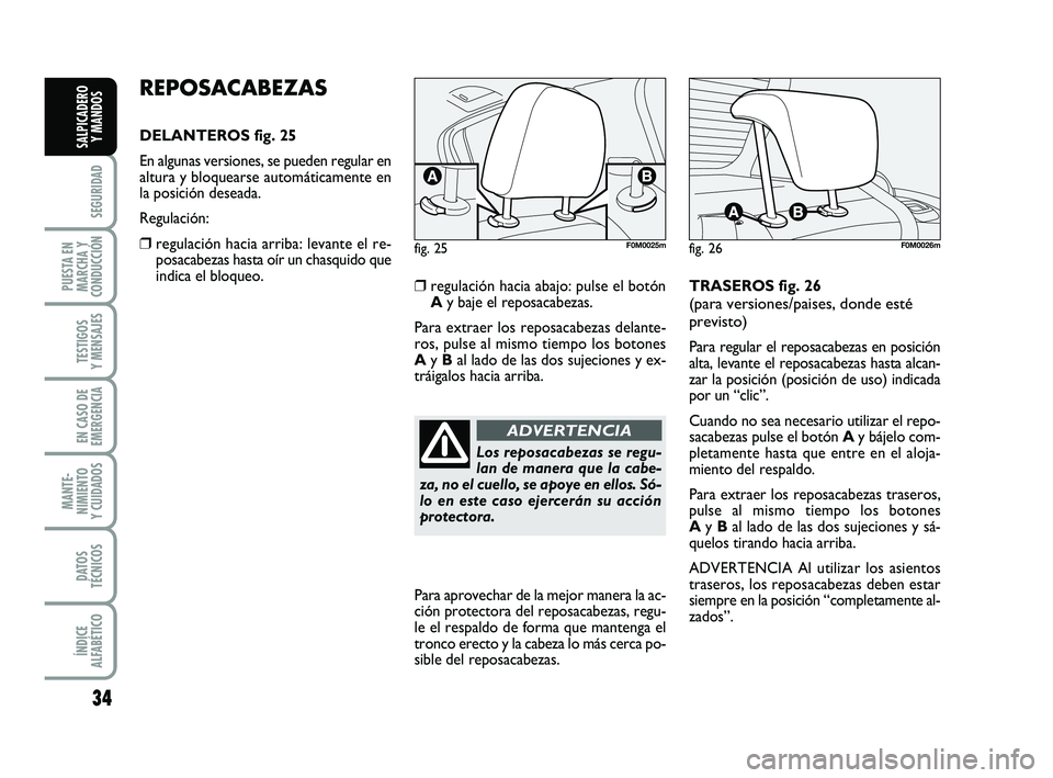 FIAT PUNTO 2018  Manual de Empleo y Cuidado (in Spanish) 34
SEGURIDAD
PUESTA EN
MARCHA Y
CONDUCCIÓN
TESTIGOS
Y MENSAJES
EN CASO DE
EMERGENCIA
MANTE-
NIMIENTO
Y CUIDADOS
DATOS
TÉCNICOS
ÍNDICE
ALFABÉTICO
SALPICADERO Y MANDOS
REPOSACABEZAS
DELANTEROS fig. 