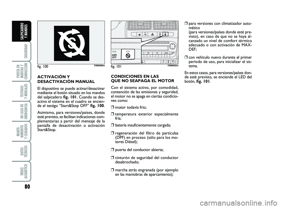 FIAT PUNTO 2018  Manual de Empleo y Cuidado (in Spanish) 80
SEGURIDAD
PUESTA EN
MARCHA Y
CONDUCCIÓN
TESTIGOS
Y MENSAJES
EN CASO DE
EMERGENCIA
MANTE-
NIMIENTO
Y CUIDADOS
DATOS
TÉCNICOS
ÍNDICE
ALFABÉTICO
SALPICADERO Y MANDOS
fig. 100F0M0506mfig. 101F0M062
