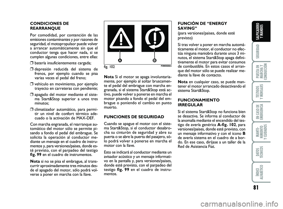 FIAT PUNTO 2018  Manual de Empleo y Cuidado (in Spanish) 81
SEGURIDAD
PUESTA EN
MARCHA Y
CONDUCCIÓN
TESTIGOS
Y MENSAJES
EN CASO DE
EMERGENCIA
MANTE-
NIMIENTO
Y CUIDADOS
DATOS
TÉCNICOS
ÍNDICE
ALFABÉTICO
SALPICADERO Y MANDOS
fig. 102F0M0508m
CONDICIONES D