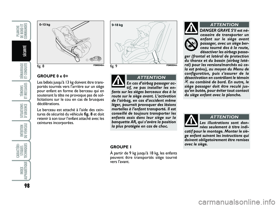 FIAT PUNTO 2013 Notice dentretien (in French) 98
DÉMARRAGE
ET CONDUITE
TÉMOINS
ET MESSAGES
SITUATIONS D’URGENCE
ENTRETIEN
DU VÉHICULE
CARACTÉRI- STIQUES
TECHNIQUES
INDEX
ALPHABÉTIQUE
PLANCHE
DE BORD ET
COMMANDES
SÉCURITÉ
En cas d’ FIAT PUNTO 2013 Notice dentretien (in French) 98
DÉMARRAGE
ET CONDUITE
TÉMOINS
ET MESSAGES
SITUATIONS D’URGENCE
ENTRETIEN
DU VÉHICULE
CARACTÉRI- STIQUES
TECHNIQUES
INDEX
ALPHABÉTIQUE
PLANCHE
DE BORD ET
COMMANDES
SÉCURITÉ
En cas d’