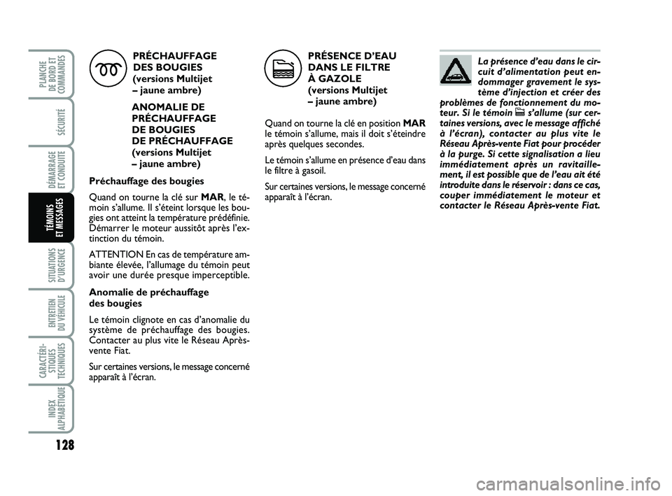 FIAT PUNTO 2013  Notice dentretien (in French) 128
SÉCURITÉ
DÉMARRAGE 
ET CONDUITE
SITUATIONS D’URGENCE
ENTRETIEN 
DU VÉHICULE 
CARACTÉRI- STIQUES
TECHNIQUES
INDEX
ALPHABÉTIQUE
PLANCHE 
DE BORD ET
COMMANDES
TÉMOINS 
ET MESSAGES
PRÉCHAUFF