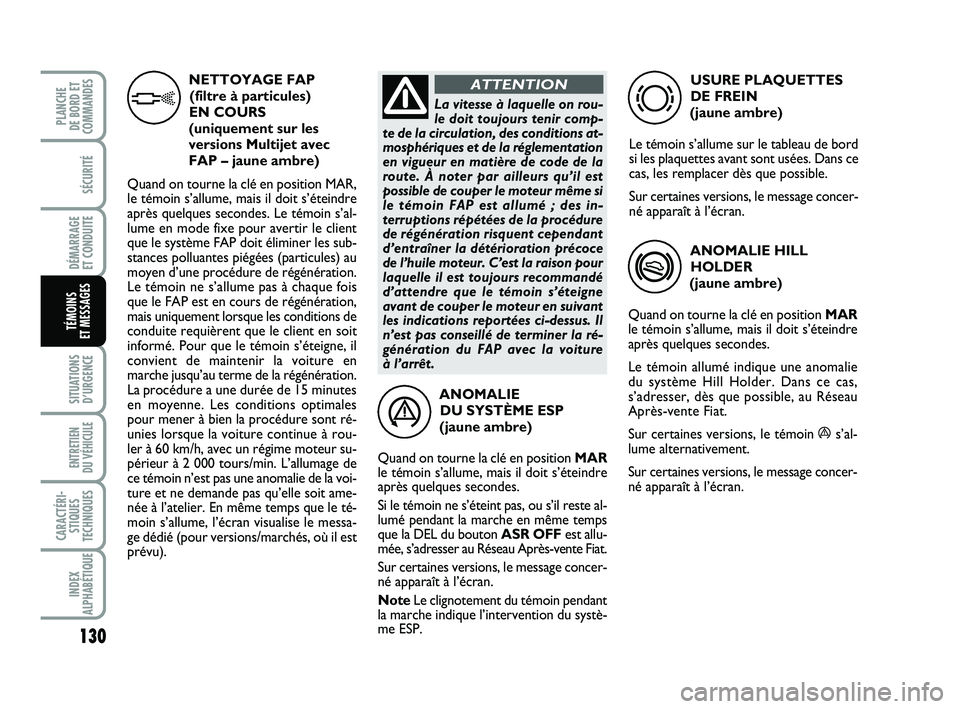 FIAT PUNTO 2013  Notice dentretien (in French) 130
SÉCURITÉ
DÉMARRAGE 
ET CONDUITE
SITUATIONS D’URGENCE
ENTRETIEN 
DU VÉHICULE 
CARACTÉRI- STIQUES
TECHNIQUES
INDEX
ALPHABÉTIQUE
PLANCHE 
DE BORD ET
COMMANDES
TÉMOINS 
ET MESSAGES
ANOMALIE 
