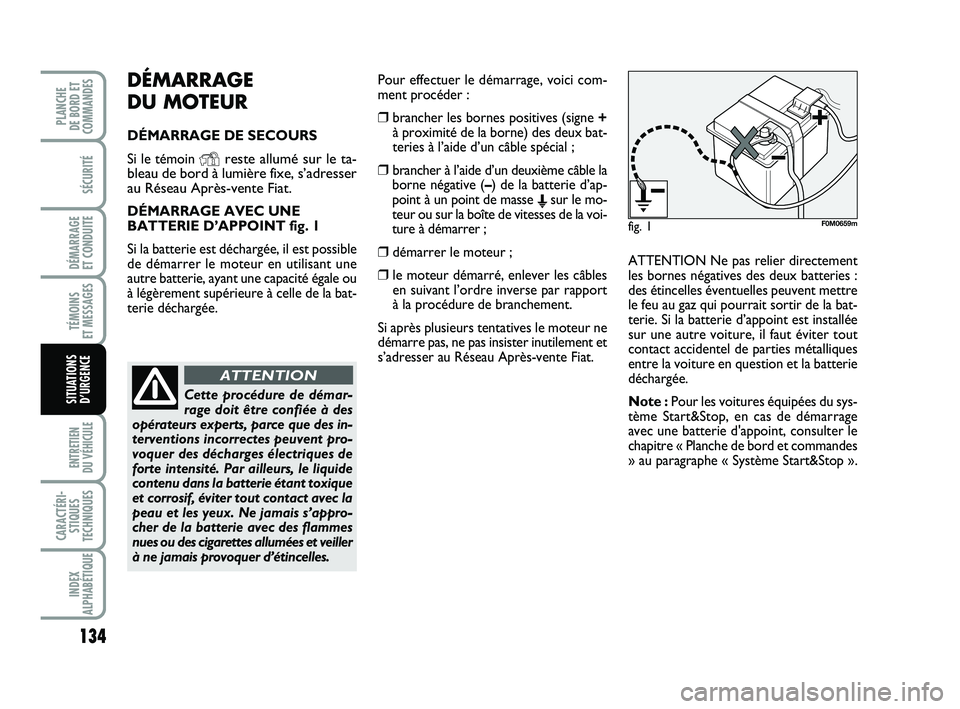 FIAT PUNTO 2013  Notice dentretien (in French) 134
SÉCURITÉ
DÉMARRAGE 
ET CONDUITE
TÉMOINS 
ET MESSAGES
ENTRETIEN 
DU VÉHICULE 
CARACTÉRI- STIQUES
TECHNIQUES
INDEX
ALPHABÉTIQUE
PLANCHE 
DE BORD ET
COMMANDES
SITUATIONS D’URGENCE
DÉMARRAGE