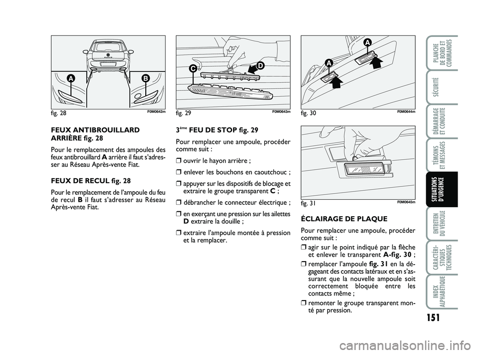 FIAT PUNTO 2013  Notice dentretien (in French) 151
SÉCURITÉ
DÉMARRAGE 
ET CONDUITE
TÉMOINS 
ET MESSAGES
ENTRETIEN 
DU VÉHICULE
CARACTÉRI- STIQUES
TECHNIQUES
INDEX
ALPHABÉTIQUE
PLANCHE 
DE BORD ET
COMMANDES
SITUATIONS D’URGENCE
FEUX ANTIBR