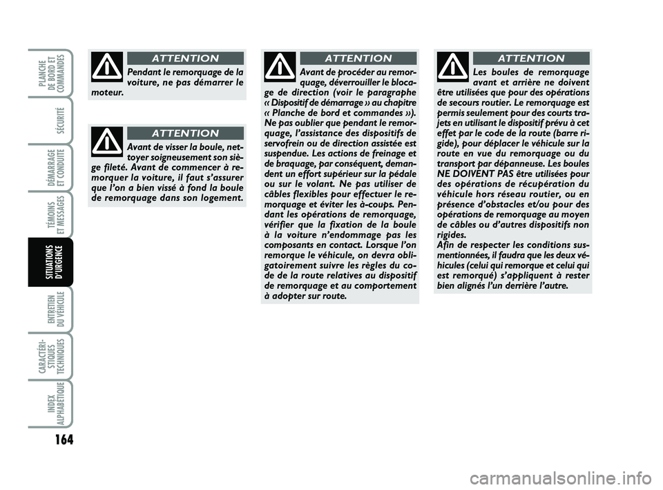 FIAT PUNTO 2013  Notice dentretien (in French) 164
SÉCURITÉ
DÉMARRAGE 
ET CONDUITE
TÉMOINS 
ET MESSAGES
ENTRETIEN 
DU VÉHICULE 
CARACTÉRI- STIQUES
TECHNIQUES
INDEX
ALPHABÉTIQUE
PLANCHE 
DE BORD ET
COMMANDES
SITUATIONS D’URGENCE
Pendant le