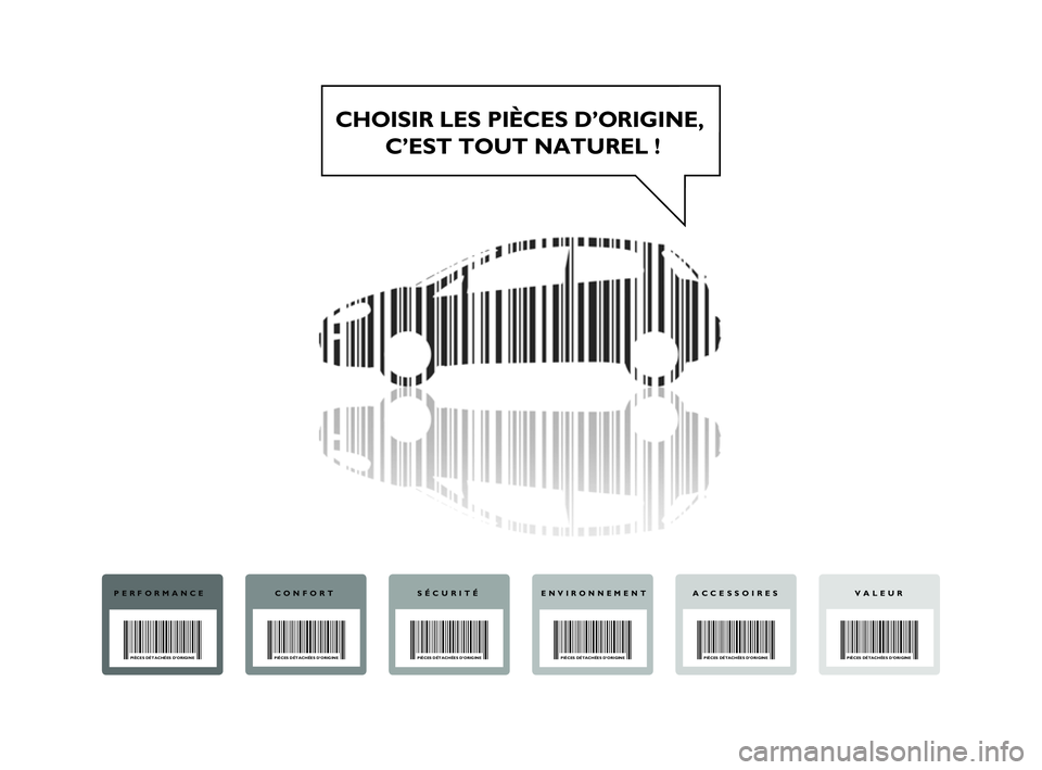 FIAT PUNTO 2012  Notice dentretien (in French) CHOISIR LES PIÈCES D’ORIGINE, C’EST TOUT NATUREL !
PERFORMANCE
PIÈCES DÉTACHÉES D’ORIGINE
CONFORT
PIÈCES DÉTACHÉES D’ORIGINEPIÈCES DÉTACHÉES D’ORIGINE
ENVIRONNEMENT
PIÈCES DÉTACH