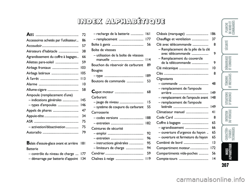 FIAT PUNTO 2013 Notice dentretien (in French) 207
SÉCURITÉ
DÉMARRAGE
ET CONDUITE
TÉMOINS
ET MESSAGES
SITUATIONS D’URGENCE
ENTRETIEN
DU VÉHICULE
CARACTÉRI- STIQUES
TECHNIQUES
PLANCHE
DE BORD ET
COMMANDES
INDEX
ALPHABÉTIQUE
– recharg FIAT PUNTO 2013 Notice dentretien (in French) 207
SÉCURITÉ
DÉMARRAGE
ET CONDUITE
TÉMOINS
ET MESSAGES
SITUATIONS D’URGENCE
ENTRETIEN
DU VÉHICULE
CARACTÉRI- STIQUES
TECHNIQUES
PLANCHE
DE BORD ET
COMMANDES
INDEX
ALPHABÉTIQUE
– recharg