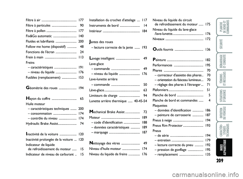 FIAT PUNTO 2011  Notice dentretien (in French) 209
SÉCURITÉ
DÉMARRAGE 
ET CONDUITE
TÉMOINS 
ET MESSAGES
SITUATIONS D’URGENCE
ENTRETIEN 
DU VÉHICULE
CARACTÉRI- STIQUES
TECHNIQUES
PLANCHE 
DE BORD ET
COMMANDES
INDEX
ALPHABÉTIQUE
Installatio