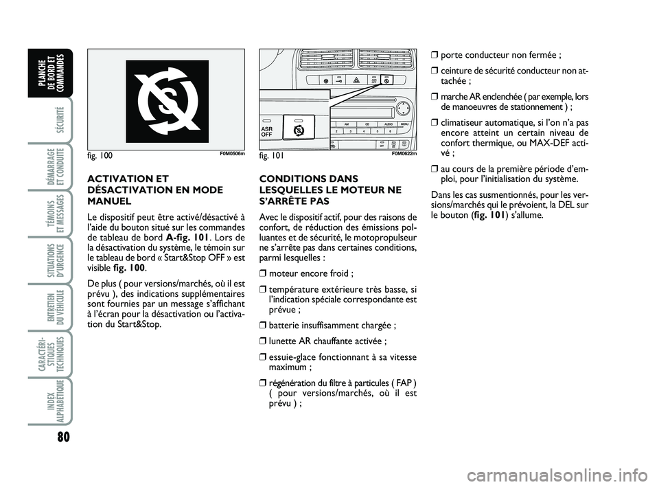 FIAT PUNTO 2013 Notice dentretien (in French) 80
SÉCURITÉ
DÉMARRAGE
ET CONDUITE
TÉMOINS
ET MESSAGES
SITUATIONS D’URGENCE
ENTRETIEN
DU VÉHICULE
CARACTÉRI- STIQUES
TECHNIQUES
INDEX
ALPHABÉTIQUE
PLANCHE
DE BORD ET
COMMANDES
fig. 100F0M FIAT PUNTO 2013 Notice dentretien (in French) 80
SÉCURITÉ
DÉMARRAGE
ET CONDUITE
TÉMOINS
ET MESSAGES
SITUATIONS D’URGENCE
ENTRETIEN
DU VÉHICULE
CARACTÉRI- STIQUES
TECHNIQUES
INDEX
ALPHABÉTIQUE
PLANCHE
DE BORD ET
COMMANDES
fig. 100F0M