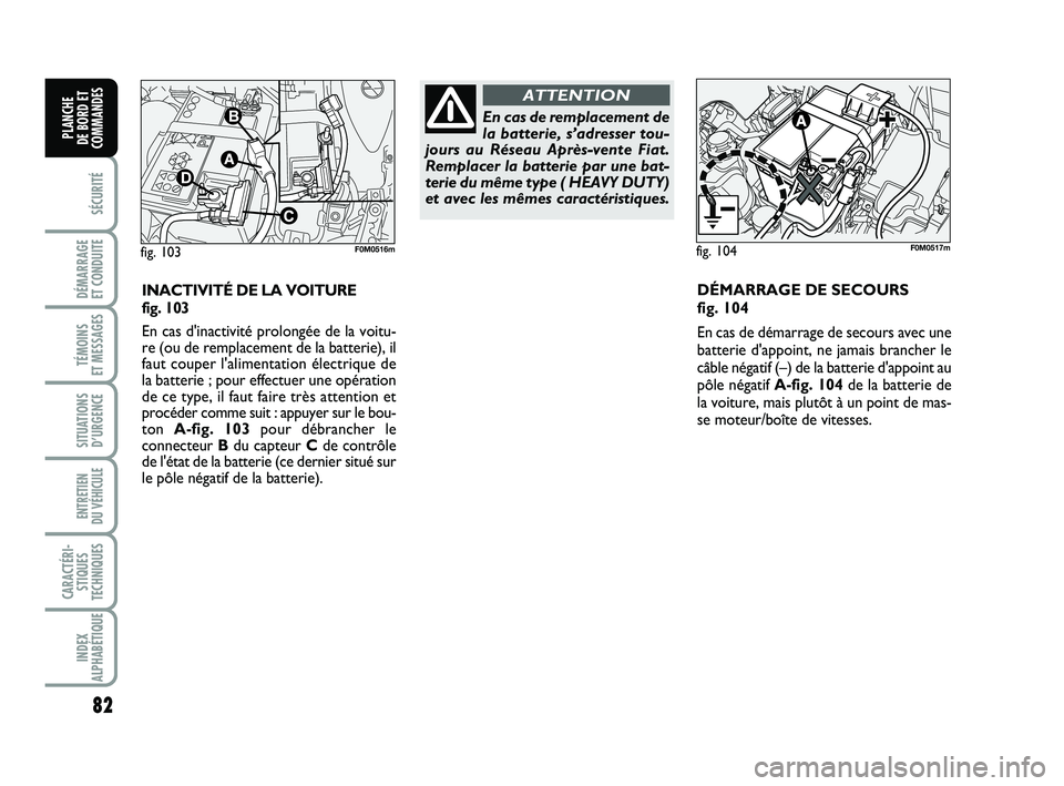 FIAT PUNTO 2013 Notice dentretien (in French) 82
SÉCURITÉ
DÉMARRAGE
ET CONDUITE
TÉMOINS
ET MESSAGES
SITUATIONS D’URGENCE
ENTRETIEN
DU VÉHICULE
CARACTÉRI- STIQUES
TECHNIQUES
INDEX
ALPHABÉTIQUE
PLANCHE
DE BORD ET
COMMANDES
INACTIVITÉ FIAT PUNTO 2013 Notice dentretien (in French) 82
SÉCURITÉ
DÉMARRAGE
ET CONDUITE
TÉMOINS
ET MESSAGES
SITUATIONS D’URGENCE
ENTRETIEN
DU VÉHICULE
CARACTÉRI- STIQUES
TECHNIQUES
INDEX
ALPHABÉTIQUE
PLANCHE
DE BORD ET
COMMANDES
INACTIVITÉ