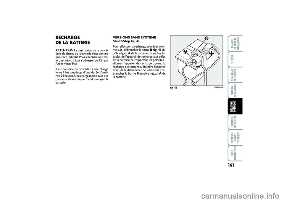FIAT PUNTO 2014  Notice dentretien (in French) 161
SÉCURITÉDÉMARRAGE 
ET CONDUITETÉMOINS 
ET MESSAGESENTRETIEN 
DU VÉHICULECARACTÉRI-
STIQUES
TECHNIQUESINDEX
ALPHABÉTIQUEPLANCHE 
DE BORD ET
COMMANDESSITUATIONS
D’URGENCE
RECHARGE 
DE LA BA