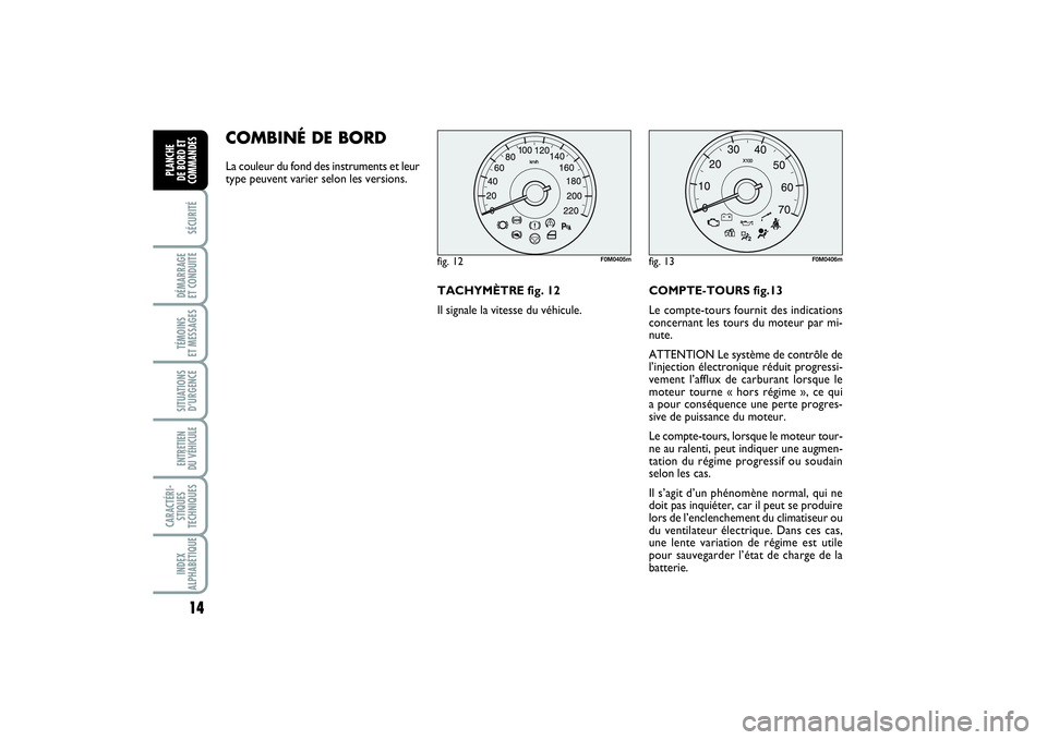 FIAT PUNTO 2014 Notice dentretien (in French) 14SÉCURITÉDÉMARRAGE
ET CONDUITETÉMOINS
ET MESSAGESSITUATIONS
D’URGENCEENTRETIEN
DU VÉHICULE CARACTÉRI-
STIQUES
TECHNIQUESINDEX
ALPHABÉTIQUEPLANCHE
DE BORD ET
COMMANDES
COMBINÉ DE BORD La FIAT PUNTO 2014 Notice dentretien (in French) 14SÉCURITÉDÉMARRAGE
ET CONDUITETÉMOINS
ET MESSAGESSITUATIONS
D’URGENCEENTRETIEN
DU VÉHICULE CARACTÉRI-
STIQUES
TECHNIQUESINDEX
ALPHABÉTIQUEPLANCHE
DE BORD ET
COMMANDES
COMBINÉ DE BORD La