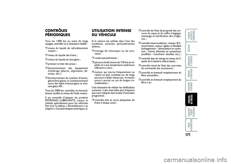 FIAT PUNTO 2014 Notice dentretien (in French) 171
SÉCURITÉDÉMARRAGE
ET CONDUITETÉMOINS
ET MESSAGESSITUATIONS
D’URGENCECARACTÉRI-
STIQUES
TECHNIQUESINDEX
ALPHABÉTIQUEPLANCHE
DE BORD ET
COMMANDESENTRETIEN
DU VÉHICULE
UTILISATION INTENS FIAT PUNTO 2014 Notice dentretien (in French) 171
SÉCURITÉDÉMARRAGE
ET CONDUITETÉMOINS
ET MESSAGESSITUATIONS
D’URGENCECARACTÉRI-
STIQUES
TECHNIQUESINDEX
ALPHABÉTIQUEPLANCHE
DE BORD ET
COMMANDESENTRETIEN
DU VÉHICULE
UTILISATION INTENS