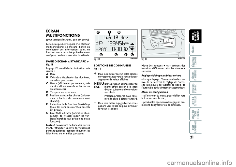 FIAT PUNTO 2014  Notice dentretien (in French) 21
SÉCURITÉDÉMARRAGE 
ET CONDUITETÉMOINS 
ET MESSAGESSITUATIONS
D’URGENCEENTRETIEN 
DU VÉHICULECARACTÉRI-
STIQUES
TECHNIQUESINDEX
ALPHABÉTIQUEPLANCHE 
DE BORD ET
COMMANDES
BOUTONS DE COMMANDE