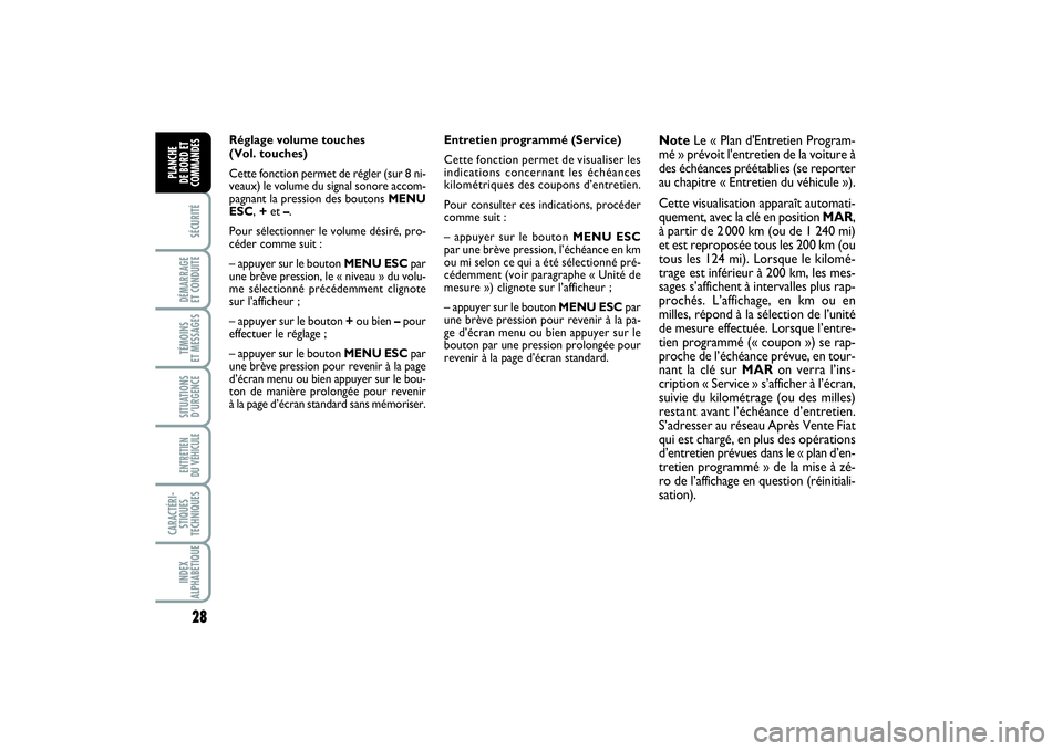 FIAT PUNTO 2014 Notice dentretien (in French) 28SÉCURITÉDÉMARRAGE
ET CONDUITETÉMOINS
ET MESSAGESSITUATIONS
D’URGENCEENTRETIEN
DU VÉHICULE CARACTÉRI-
STIQUES
TECHNIQUESINDEX
ALPHABÉTIQUEPLANCHE
DE BORD ET
COMMANDES
Réglage volume tou FIAT PUNTO 2014 Notice dentretien (in French) 28SÉCURITÉDÉMARRAGE
ET CONDUITETÉMOINS
ET MESSAGESSITUATIONS
D’URGENCEENTRETIEN
DU VÉHICULE CARACTÉRI-
STIQUES
TECHNIQUESINDEX
ALPHABÉTIQUEPLANCHE
DE BORD ET
COMMANDES
Réglage volume tou