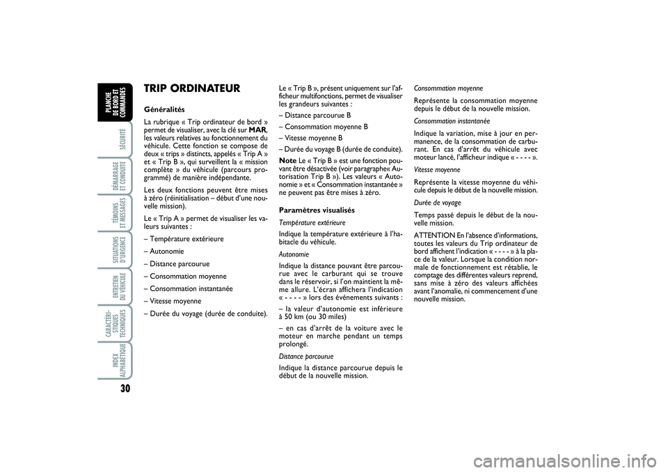 FIAT PUNTO 2014 Notice dentretien (in French) 30SÉCURITÉDÉMARRAGE
ET CONDUITETÉMOINS
ET MESSAGESSITUATIONS
D’URGENCEENTRETIEN
DU VÉHICULE CARACTÉRI-
STIQUES
TECHNIQUESINDEX
ALPHABÉTIQUEPLANCHE
DE BORD ET
COMMANDES
TRIP ORDINATEURGén FIAT PUNTO 2014 Notice dentretien (in French) 30SÉCURITÉDÉMARRAGE
ET CONDUITETÉMOINS
ET MESSAGESSITUATIONS
D’URGENCEENTRETIEN
DU VÉHICULE CARACTÉRI-
STIQUES
TECHNIQUESINDEX
ALPHABÉTIQUEPLANCHE
DE BORD ET
COMMANDES
TRIP ORDINATEURGén