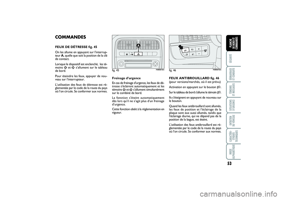 FIAT PUNTO 2014 Notice dentretien (in French) 53
SÉCURITÉDÉMARRAGE
ET CONDUITETÉMOINS
ET MESSAGESSITUATIONS
D’URGENCEENTRETIEN
DU VÉHICULECARACTÉRI-
STIQUES
TECHNIQUESINDEX
ALPHABÉTIQUEPLANCHE
DE BORD ET
COMMANDES
COMMANDESFEUX DE D FIAT PUNTO 2014 Notice dentretien (in French) 53
SÉCURITÉDÉMARRAGE
ET CONDUITETÉMOINS
ET MESSAGESSITUATIONS
D’URGENCEENTRETIEN
DU VÉHICULECARACTÉRI-
STIQUES
TECHNIQUESINDEX
ALPHABÉTIQUEPLANCHE
DE BORD ET
COMMANDES
COMMANDESFEUX DE D