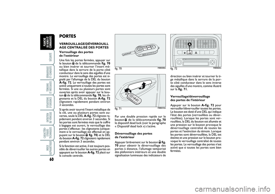 FIAT PUNTO 2014 Notice dentretien (in French) 60SÉCURITÉDÉMARRAGE
ET CONDUITETÉMOINS
ET MESSAGESSITUATIONS
D’URGENCEENTRETIEN
DU VÉHICULE CARACTÉRI-
STIQUES
TECHNIQUESINDEX
ALPHABÉTIQUEPLANCHE
DE BORD ET
COMMANDES
PORTESVERROUILLAGE/ FIAT PUNTO 2014 Notice dentretien (in French) 60SÉCURITÉDÉMARRAGE
ET CONDUITETÉMOINS
ET MESSAGESSITUATIONS
D’URGENCEENTRETIEN
DU VÉHICULE CARACTÉRI-
STIQUES
TECHNIQUESINDEX
ALPHABÉTIQUEPLANCHE
DE BORD ET
COMMANDES
PORTESVERROUILLAGE/