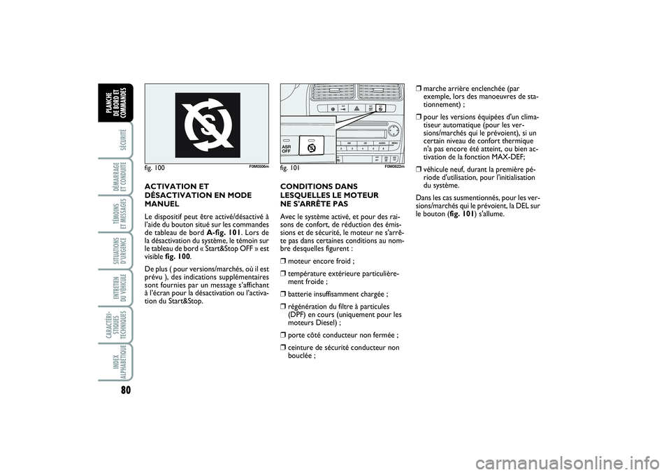 FIAT PUNTO 2014  Notice dentretien (in French) 80SÉCURITÉDÉMARRAGE 
ET CONDUITETÉMOINS 
ET MESSAGESSITUATIONS
D’URGENCEENTRETIEN 
DU VÉHICULE CARACTÉRI-
STIQUES
TECHNIQUESINDEX
ALPHABÉTIQUEPLANCHE 
DE BORD ET
COMMANDES
fig. 100
F0M0506m
f