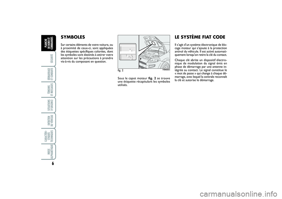 FIAT PUNTO 2014  Notice dentretien (in French) 6SÉCURITÉDÉMARRAGE 
ET CONDUITETÉMOINS 
ET MESSAGESSITUATIONS
D’URGENCEENTRETIEN 
DU VÉHICULE CARACTÉRI-
STIQUES
TECHNIQUESINDEX
ALPHABÉTIQUEPLANCHE 
DE BORD ET
COMMANDES
SYMBOLESSur certains
