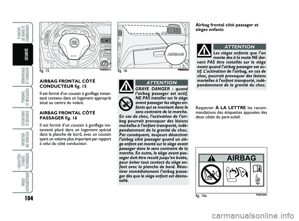 FIAT PUNTO 2016  Notice dentretien (in French) 104
DÉMARRAGE 
ET CONDUITE
TÉMOINS 
ET MESSAGES
SITUATIONS D’URGENCE
ENTRETIEN 
DU VÉHICULE 
CARACTÉRI- STIQUES
TECHNIQUES
INDEX
ALPHABÉTIQUE
PLANCHE 
DE BORD ET
COMMANDES
SÉCURITÉ
fig. 15F0M