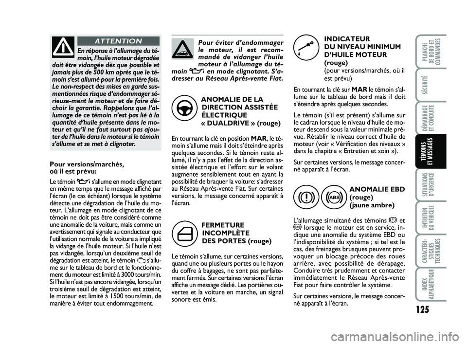 FIAT PUNTO 2017 Notice dentretien (in French) 125
SÉCURITÉ
DÉMARRAGE
ET CONDUITE
SITUATIONS D’URGENCE
ENTRETIEN
DU VÉHICULE
CARACTÉRI- STIQUES
TECHNIQUES
INDEX
ALPHABÉTIQUE
PLANCHE
DE BORD ET
COMMANDES
TÉMOINS
ET MESSAGES
FERMETURE
I FIAT PUNTO 2017 Notice dentretien (in French) 125
SÉCURITÉ
DÉMARRAGE
ET CONDUITE
SITUATIONS D’URGENCE
ENTRETIEN
DU VÉHICULE
CARACTÉRI- STIQUES
TECHNIQUES
INDEX
ALPHABÉTIQUE
PLANCHE
DE BORD ET
COMMANDES
TÉMOINS
ET MESSAGES
FERMETURE
I