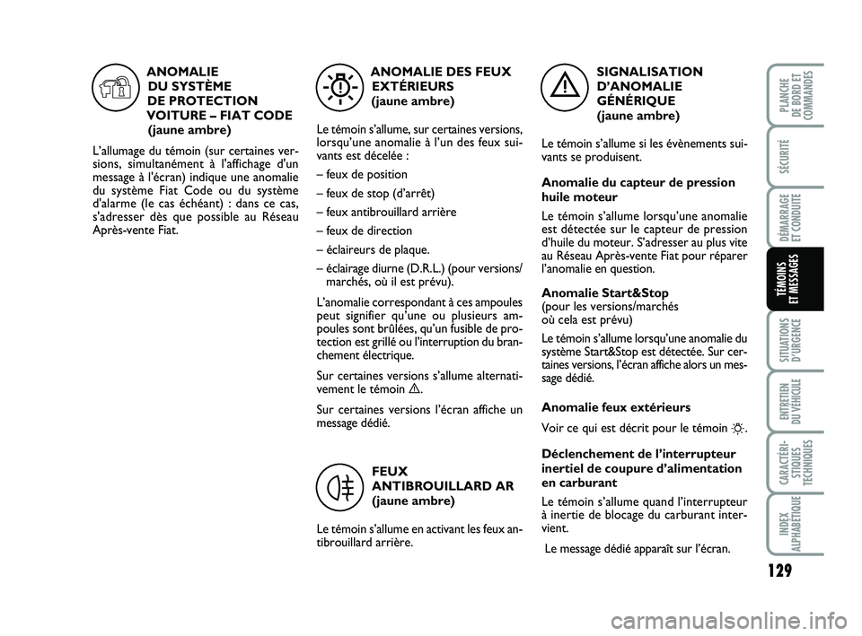 FIAT PUNTO 2020  Notice dentretien (in French) 129
SÉCURITÉ
DÉMARRAGE 
ET CONDUITE
SITUATIONS D’URGENCE
ENTRETIEN 
DU VÉHICULE
CARACTÉRI- STIQUES
TECHNIQUES
INDEX
ALPHABÉTIQUE
PLANCHE 
DE BORD ET
COMMANDES
TÉMOINS 
ET MESSAGES
SIGNALISATI