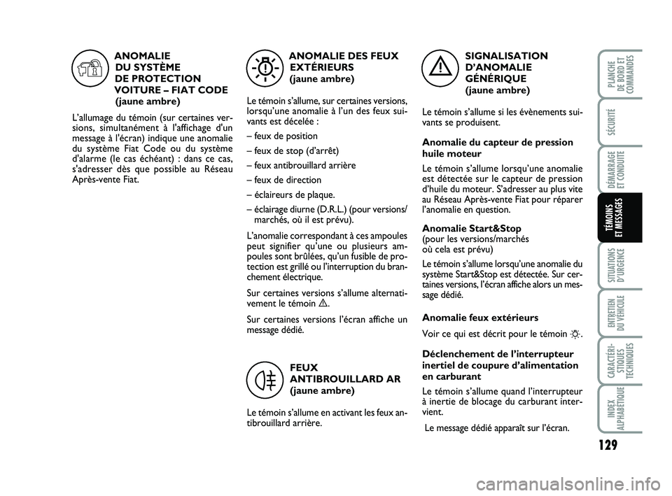 FIAT PUNTO 2021 Notice dentretien (in French) 129
SÉCURITÉ
DÉMARRAGE
ET CONDUITE
SITUATIONS D’URGENCE
ENTRETIEN
DU VÉHICULE
CARACTÉRI- STIQUES
TECHNIQUES
INDEX
ALPHABÉTIQUE
PLANCHE
DE BORD ET
COMMANDES
TÉMOINS
ET MESSAGES
SIGNALISATI FIAT PUNTO 2021 Notice dentretien (in French) 129
SÉCURITÉ
DÉMARRAGE
ET CONDUITE
SITUATIONS D’URGENCE
ENTRETIEN
DU VÉHICULE
CARACTÉRI- STIQUES
TECHNIQUES
INDEX
ALPHABÉTIQUE
PLANCHE
DE BORD ET
COMMANDES
TÉMOINS
ET MESSAGES
SIGNALISATI
