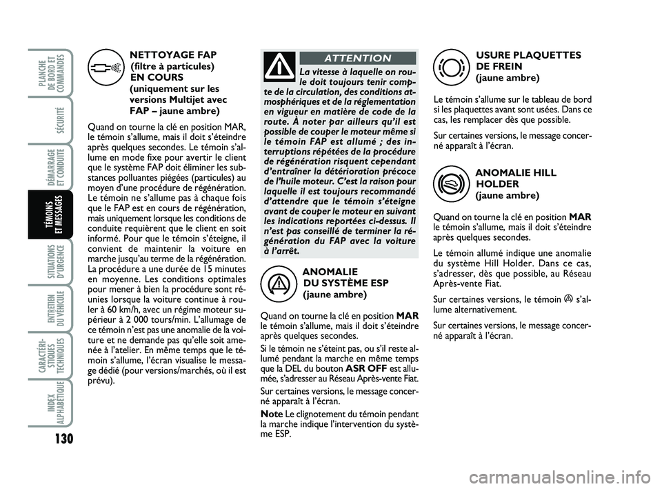 FIAT PUNTO 2020  Notice dentretien (in French) 130
SÉCURITÉ
DÉMARRAGE 
ET CONDUITE
SITUATIONS D’URGENCE
ENTRETIEN 
DU VÉHICULE 
CARACTÉRI- STIQUES
TECHNIQUES
INDEX
ALPHABÉTIQUE
PLANCHE 
DE BORD ET
COMMANDES
TÉMOINS 
ET MESSAGES
ANOMALIE 
