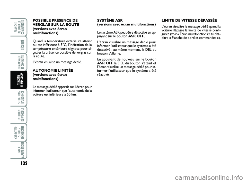 FIAT PUNTO 2021 Notice dentretien (in French) 132
SÉCURITÉ
DÉMARRAGE
ET CONDUITE
SITUATIONS D’URGENCE
ENTRETIEN
DU VÉHICULE
CARACTÉRI- STIQUES
TECHNIQUES
INDEX
ALPHABÉTIQUE
PLANCHE
DE BORD ET
COMMANDES
TÉMOINS
ET MESSAGES
SYSTÈME A FIAT PUNTO 2021 Notice dentretien (in French) 132
SÉCURITÉ
DÉMARRAGE
ET CONDUITE
SITUATIONS D’URGENCE
ENTRETIEN
DU VÉHICULE
CARACTÉRI- STIQUES
TECHNIQUES
INDEX
ALPHABÉTIQUE
PLANCHE
DE BORD ET
COMMANDES
TÉMOINS
ET MESSAGES
SYSTÈME A
