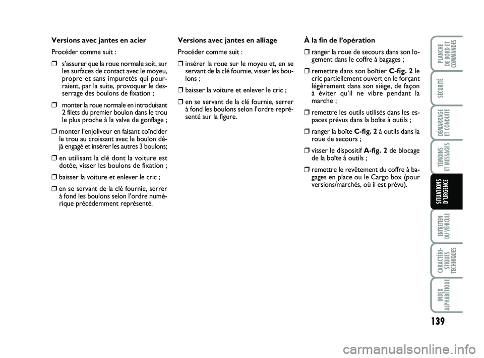 FIAT PUNTO 2015 Notice dentretien (in French) 139
SÉCURITÉ
DÉMARRAGE
ET CONDUITE
TÉMOINS
ET MESSAGES
ENTRETIEN
DU VÉHICULE
CARACTÉRI- STIQUES
TECHNIQUES
INDEX
ALPHABÉTIQUE
PLANCHE
DE BORD ET
COMMANDES
SITUATIONS D’URGENCE
Versions av FIAT PUNTO 2015 Notice dentretien (in French) 139
SÉCURITÉ
DÉMARRAGE
ET CONDUITE
TÉMOINS
ET MESSAGES
ENTRETIEN
DU VÉHICULE
CARACTÉRI- STIQUES
TECHNIQUES
INDEX
ALPHABÉTIQUE
PLANCHE
DE BORD ET
COMMANDES
SITUATIONS D’URGENCE
Versions av