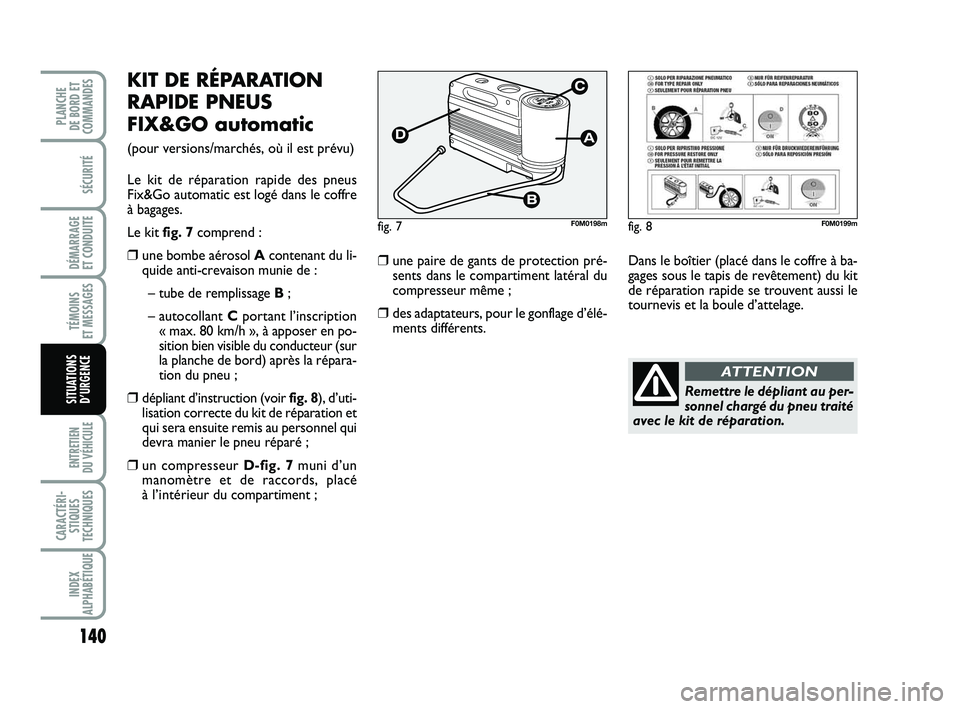 FIAT PUNTO 2015 Notice dentretien (in French) 140
SÉCURITÉ
DÉMARRAGE
ET CONDUITE
TÉMOINS
ET MESSAGES
ENTRETIEN
DU VÉHICULE
CARACTÉRI- STIQUES
TECHNIQUES
INDEX
ALPHABÉTIQUE
PLANCHE
DE BORD ET
COMMANDES
SITUATIONS D’URGENCE
KIT DE RÉ FIAT PUNTO 2015 Notice dentretien (in French) 140
SÉCURITÉ
DÉMARRAGE
ET CONDUITE
TÉMOINS
ET MESSAGES
ENTRETIEN
DU VÉHICULE
CARACTÉRI- STIQUES
TECHNIQUES
INDEX
ALPHABÉTIQUE
PLANCHE
DE BORD ET
COMMANDES
SITUATIONS D’URGENCE
KIT DE RÉ