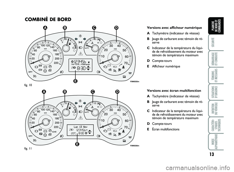 FIAT PUNTO 2016  Notice dentretien (in French) 13
SÉCURITÉ
DÉMARRAGE 
ET CONDUITE
TÉMOINS 
ET MESSAGES
SITUATIONS D’URGENCE
ENTRETIEN 
DU VÉHICULE
CARACTÉRI- STIQUES
TECHNIQUES
INDEX
ALPHABÉTIQUE
PLANCHE 
DE BORD ET
COMMANDES
COMBINÉ DE 